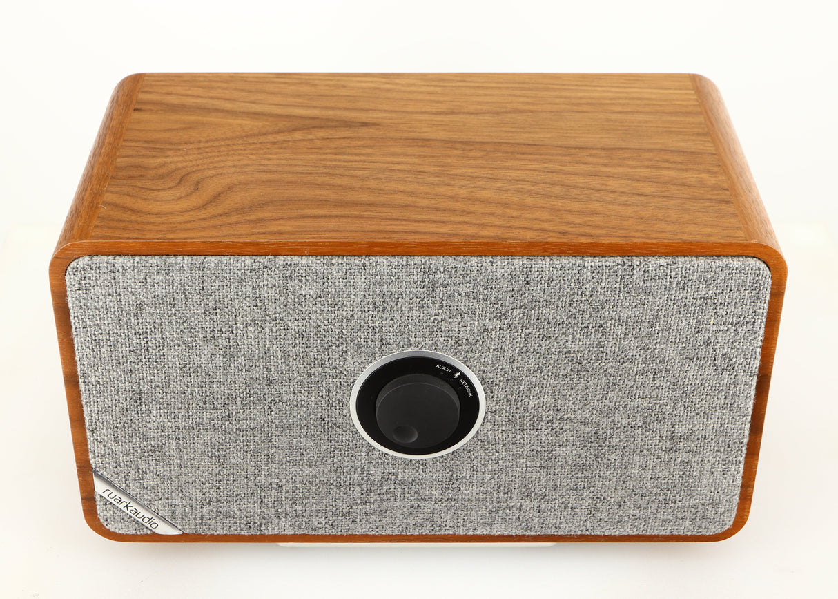 Top of a used Ruark MRX Wireless Speaker in a walnut finish