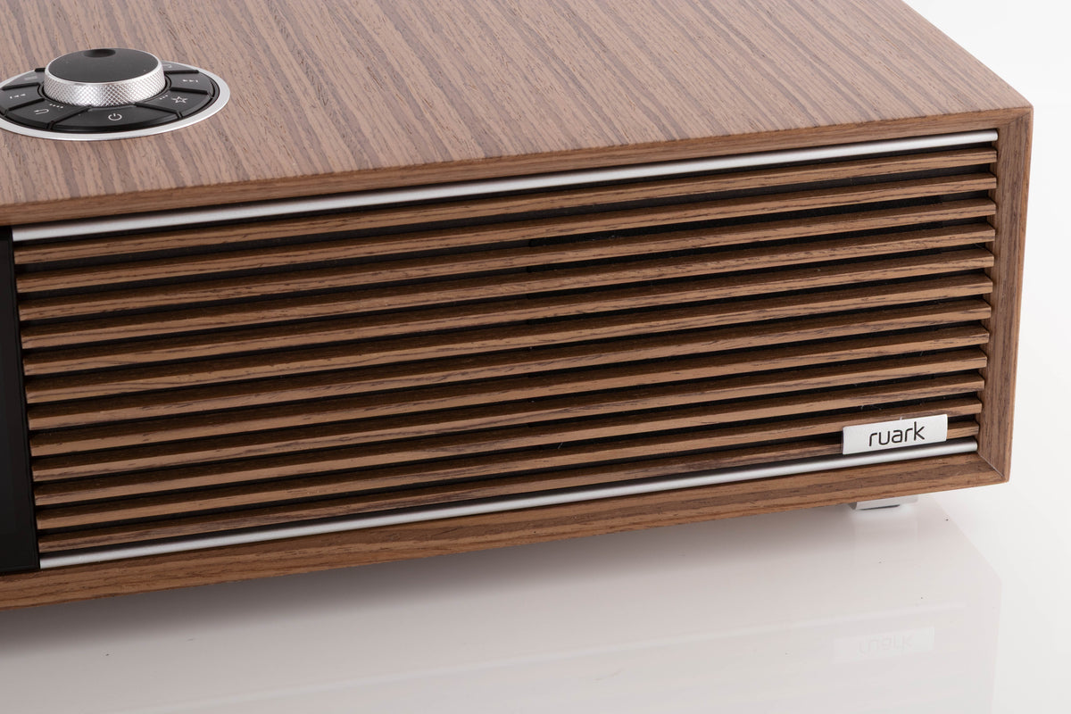 Close up view of a used Ruark R410 Integrated Music System in Fused Walnut