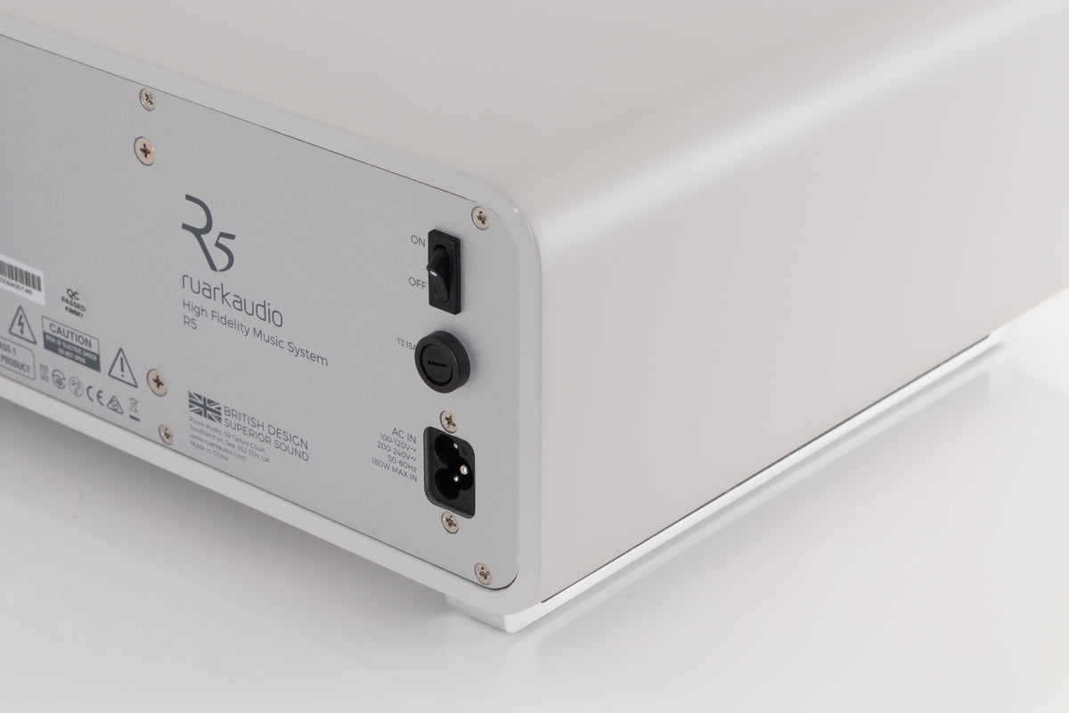 Rear right corner view of a used Ruark R5 Music System in Soft Grey