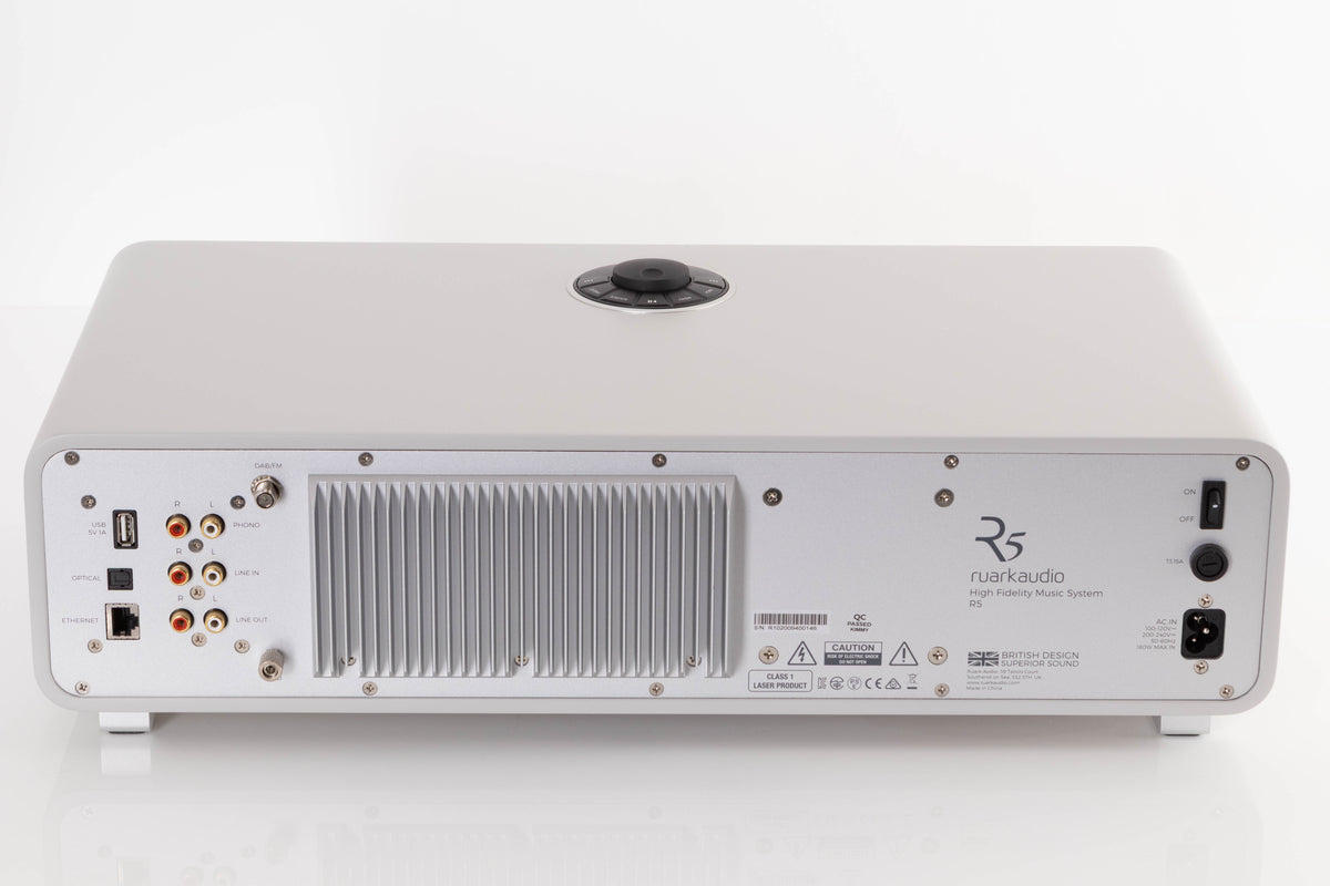 Rear view of a used Ruark R5 Music System in Soft Grey
