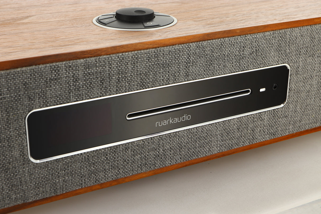 Close up view of a used Ruark R5 Music System in Walnut finish