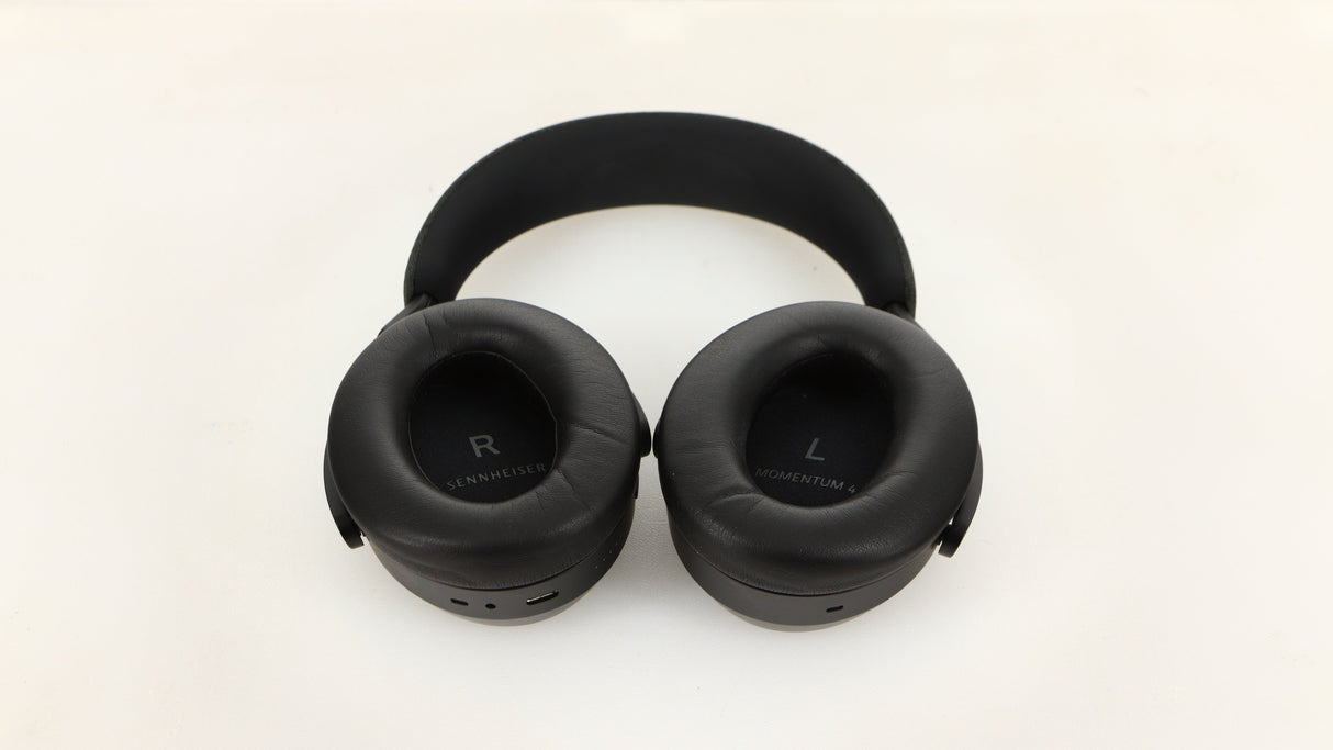 Close up of used Sennheiser Momentum 4 Wireless Headphones in a black finish showing inside of earpads