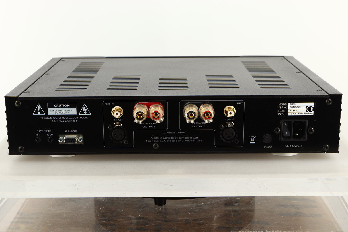 Rear view of a used Sim Audio Moon 330A Power Amplifier in Black finish