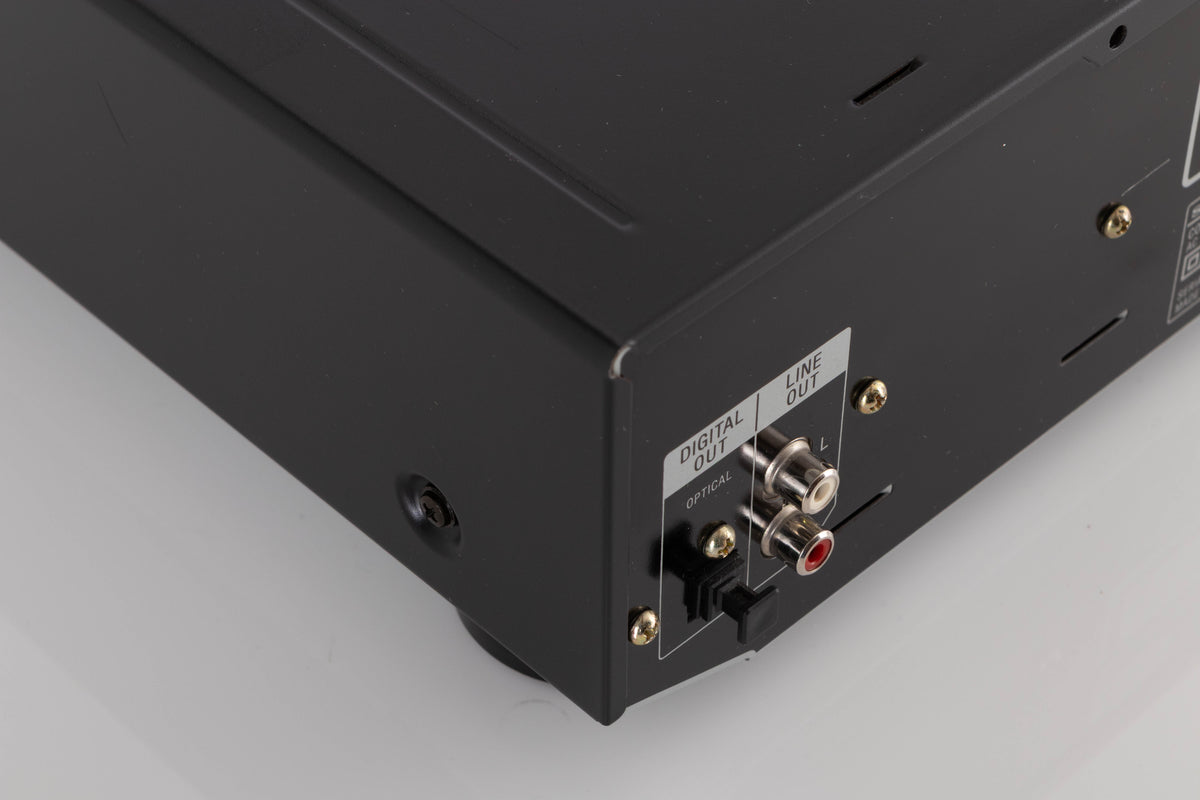Rear right corner of a used Sony CDP-XE330 CD Player in a Black finish