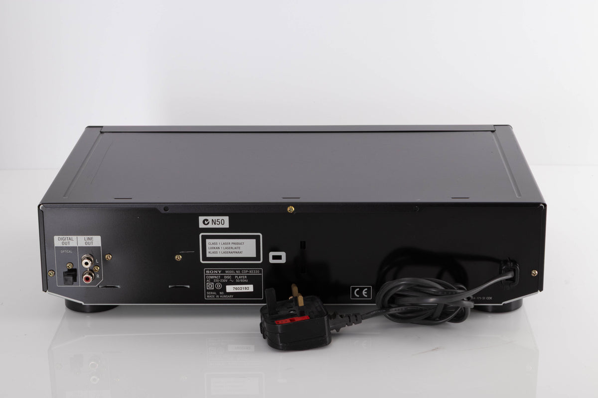 Rear view of a used Sony CDP-XE330 CD Player in a Black finish showing Phono and Optical Outputs