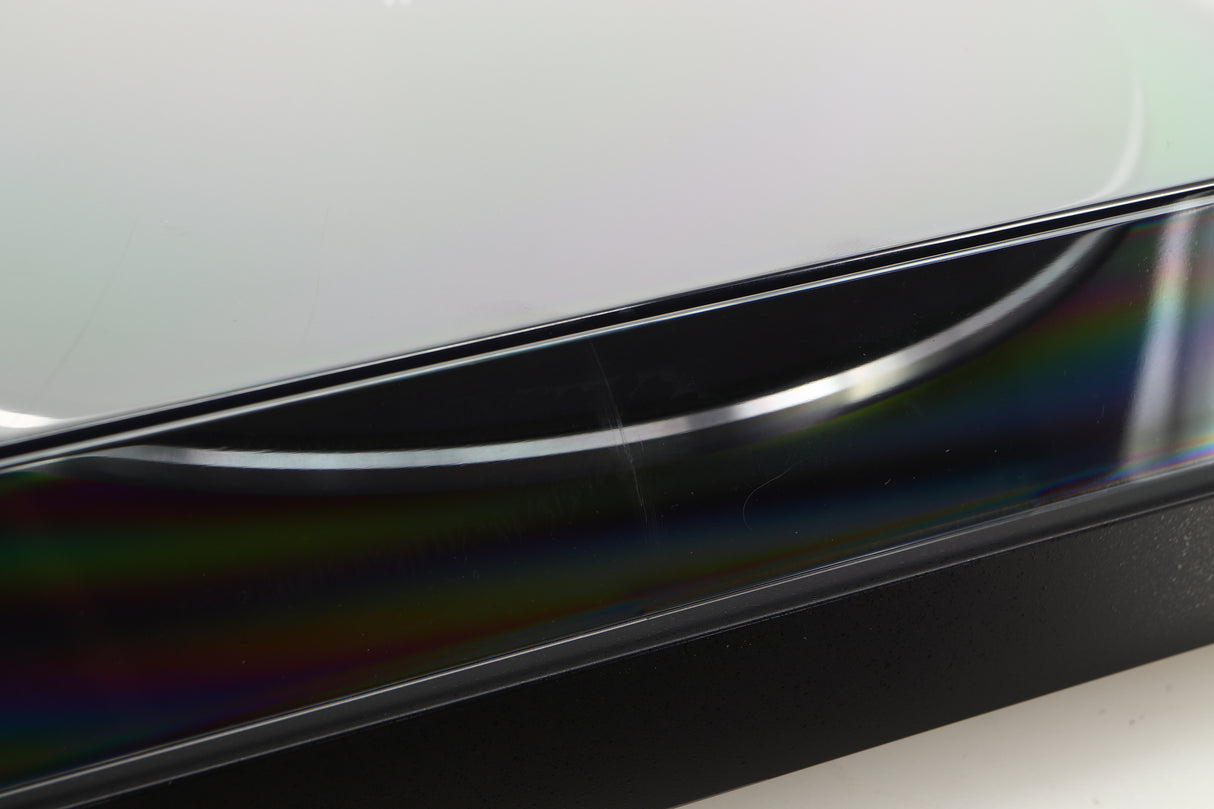 Close up of a used Sony PS-X301BT/C Turntable in a black finish showing scratch on lid