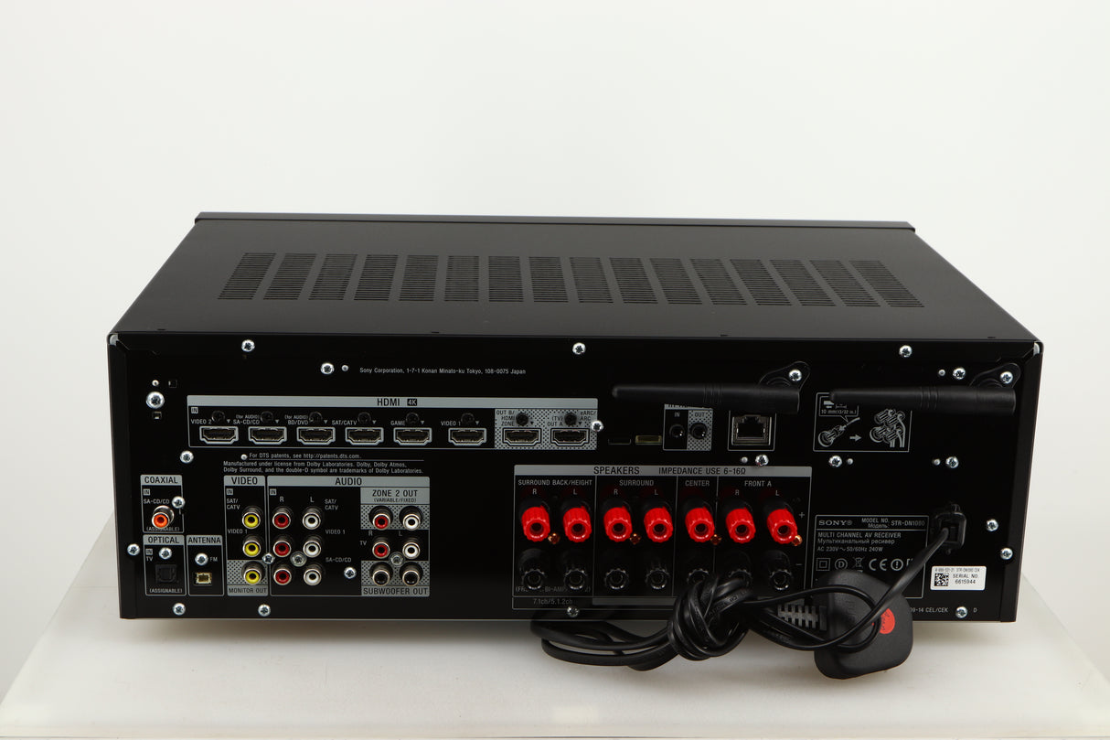 Rear view of a used Sony STR-DN1080 AV Receiver in a black finish showing Phono Inputs, Phono Outputs, Optical Inputs, HDMI Outputs, HDMI Inputs, USB Input and Network Input
