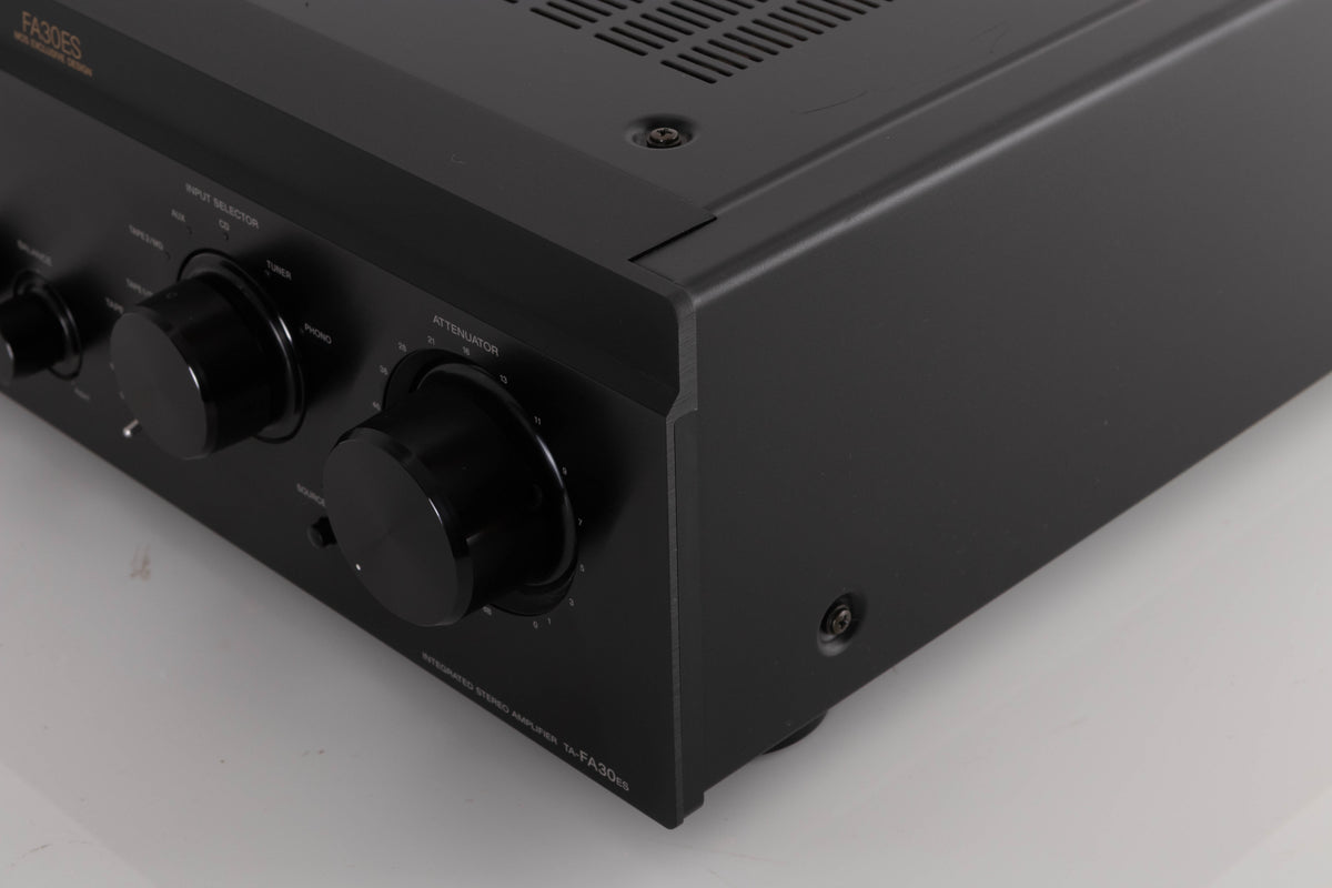 Front right corner of a used Sony TA-FA30ES Integrated Amplifier in a Black finish