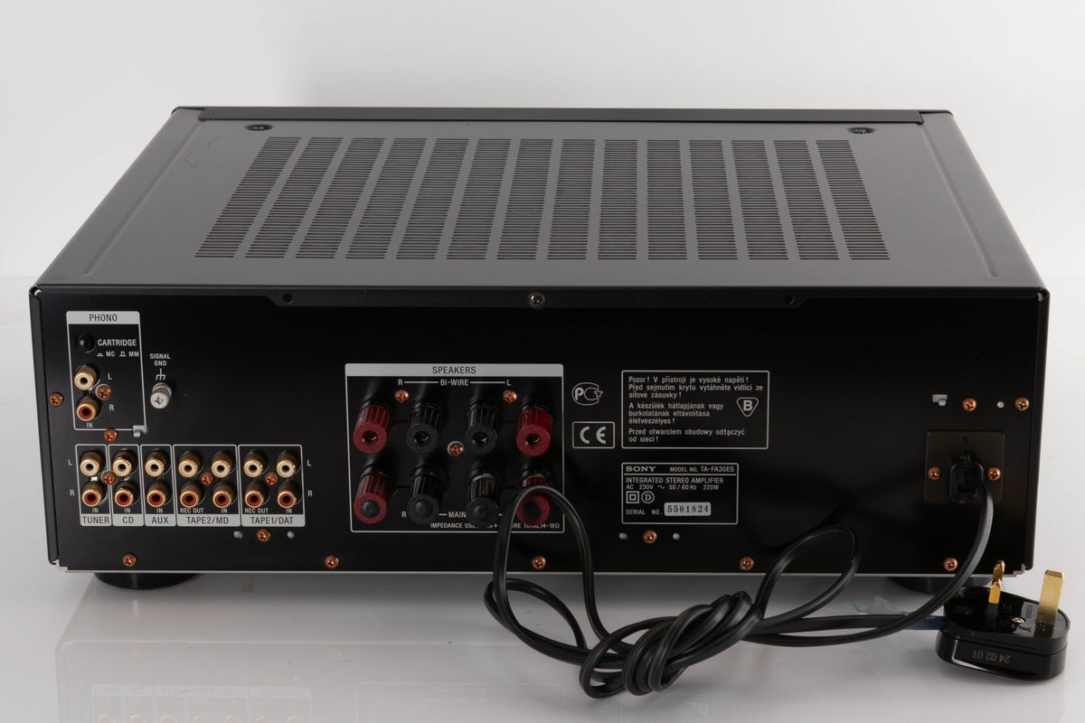 Rear view of a used Sony TA-FA30ES Integrated Amplifier in a Black finish showing Phono Inputs and Phono Outputs