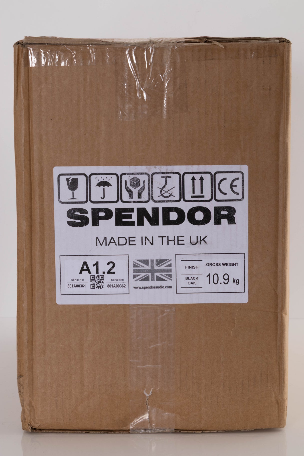 Box of a used Spendor A1.2 Standmount Speaker in Black Oak
