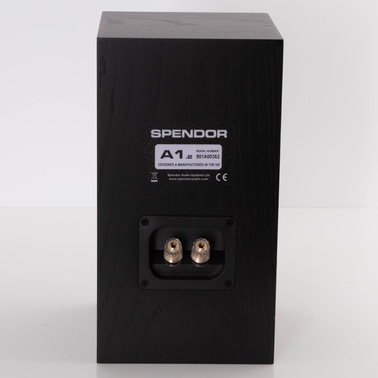 Rear view of a used Spendor A1.2 Standmount Speaker in a Black Oak finish