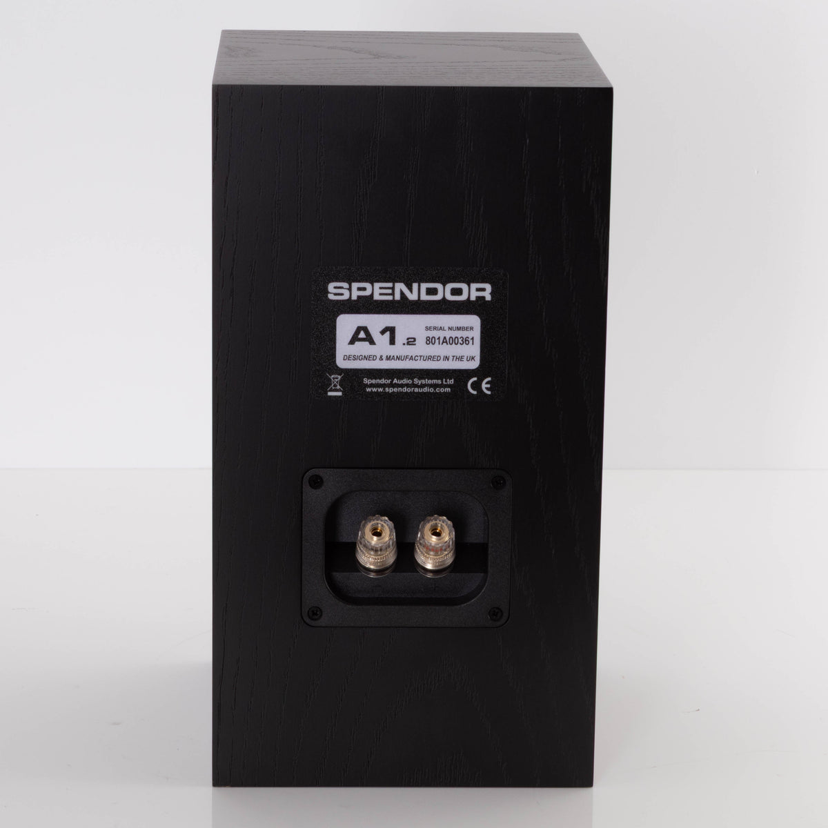 Rear view of a used Spendor A1.2 Standmount Speaker in a Black Oak finish