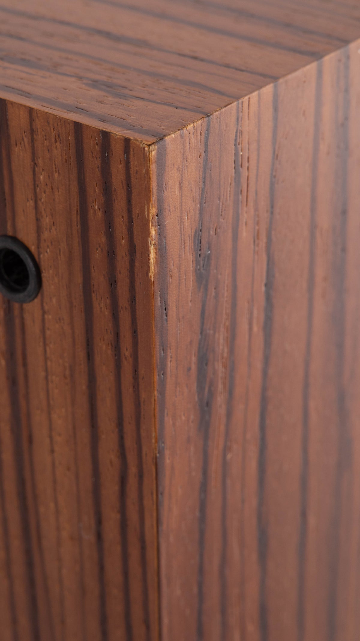 Close up of a used Spendor A6 Floorstanding Speaker in a Wenge finish showing small nick on front right corner