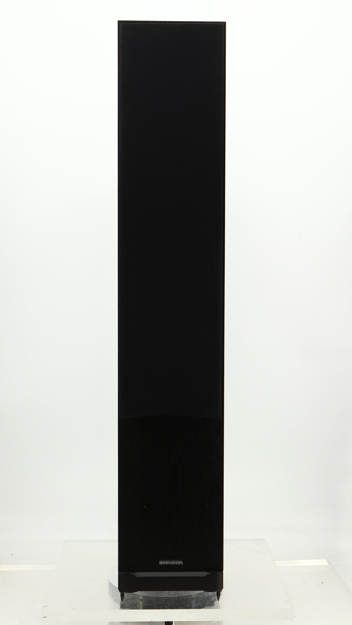 Front view of a used Spendor D9.2 Floorstanding Speaker in a black oak finish showing the grille