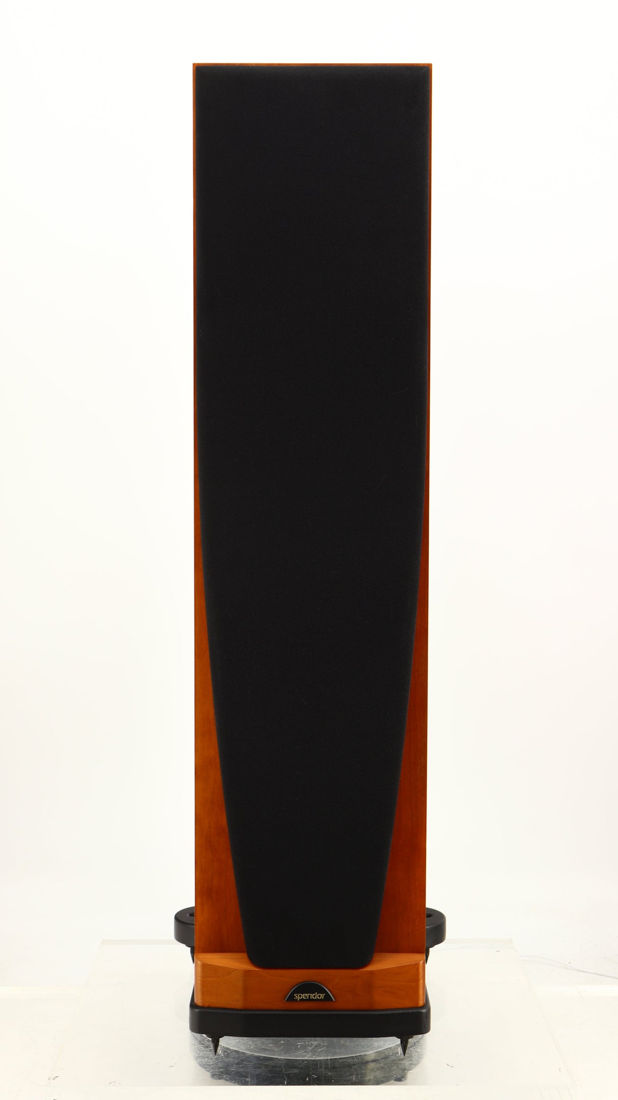 Front view of a used Spendor S8e Floorstanding Speaker in a cherry finish showing Grille