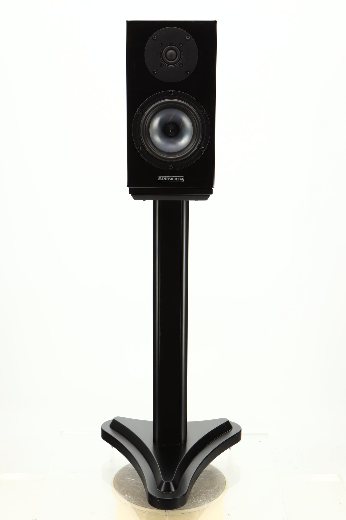 Front view of a used Spendor SA1 Standmount Speaker in Gloss Black with Stand