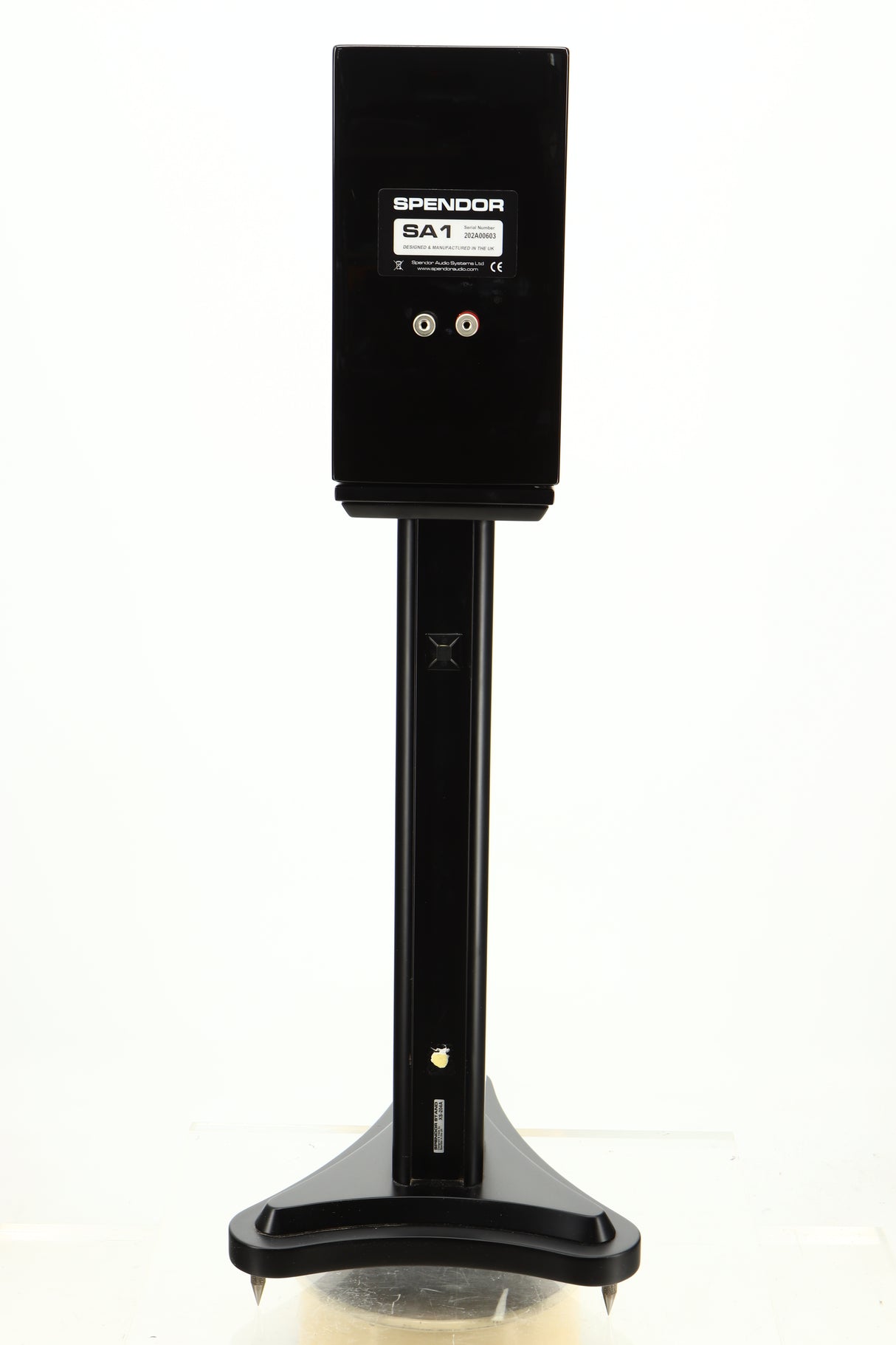 Rear view of a used Spendor SA1 Standmount Speaker in Gloss Black with Stand