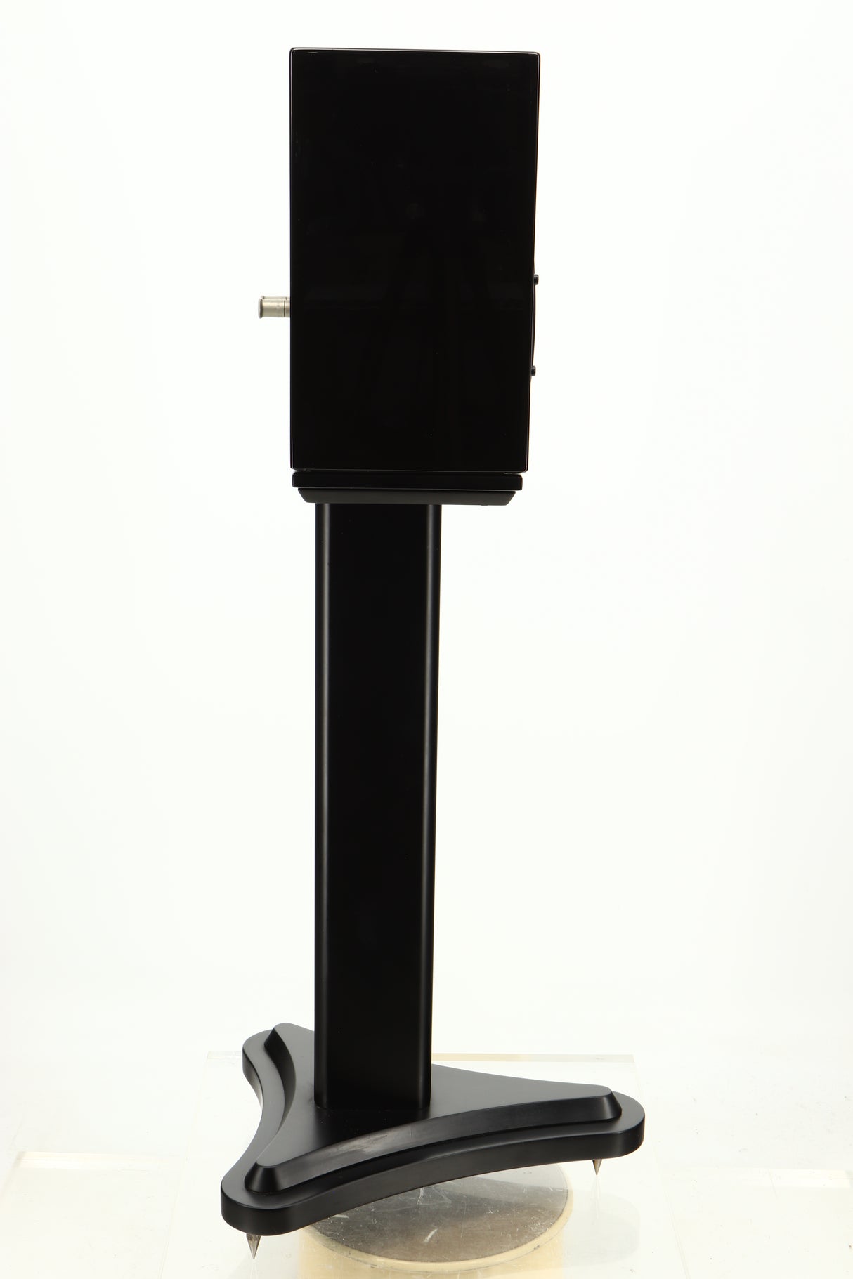 Side view of a used Spendor SA1 Standmount Speaker in Gloss Black with Stand