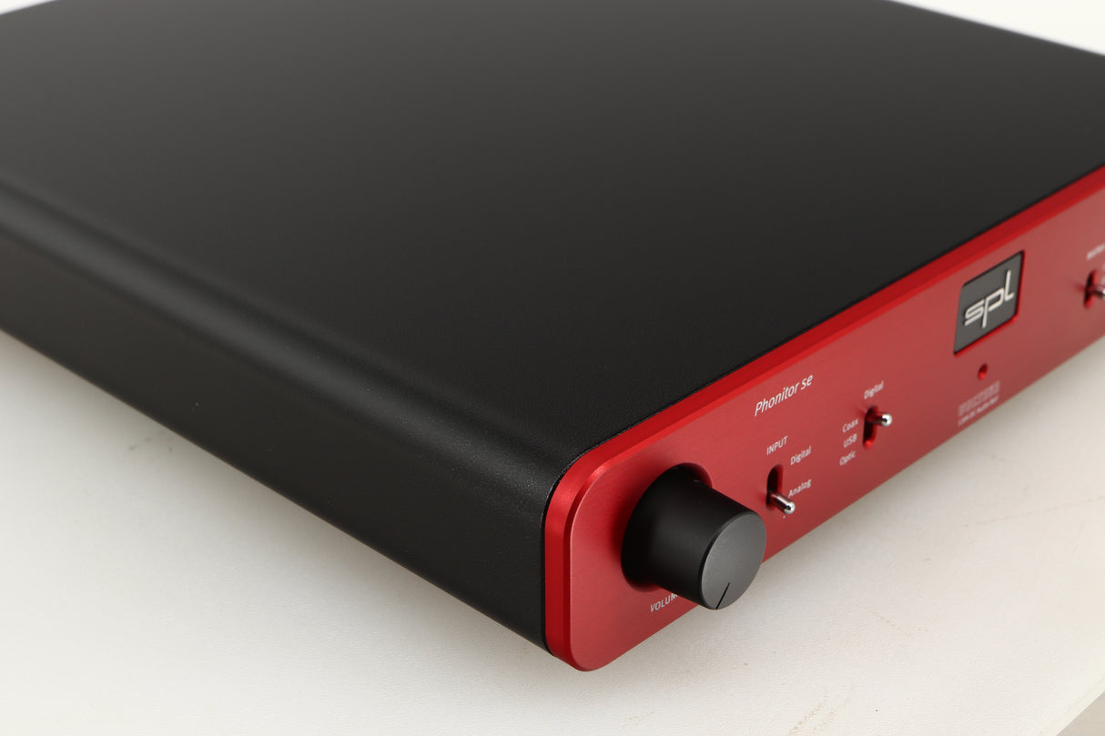 Front left corner of a used SPL Phonitor SE Headphone Amplifier in a red finish