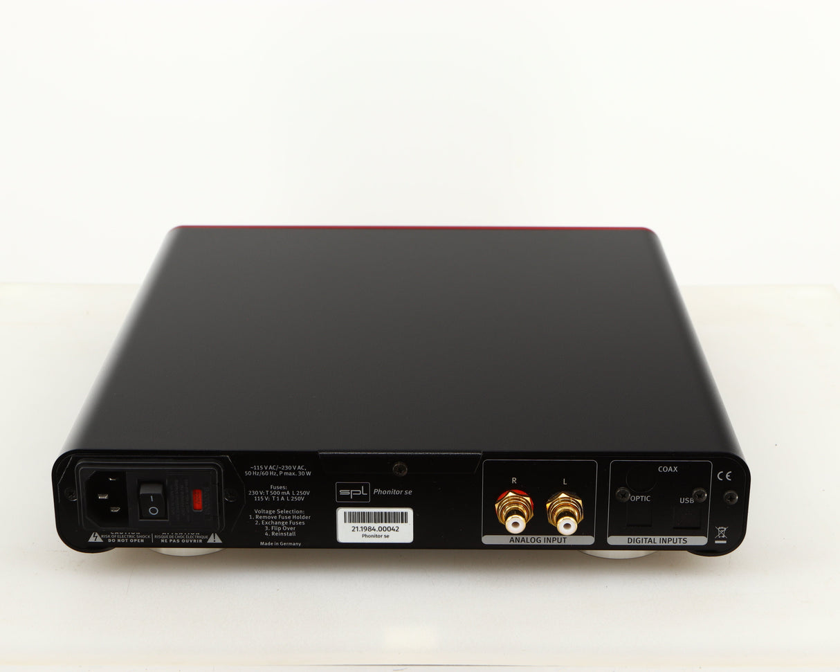 Rear view of a used SPL Phonitor SE Headphone Amplifier in a red finish showing Mains Cable and Phono Inputs