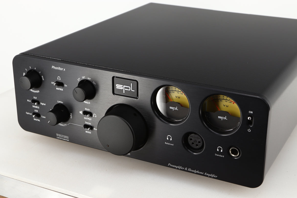 Close up of a used SPL Phonitor X Headphone Amplifier & Pre Amplifier W/ DAC in a black finish showing fascia