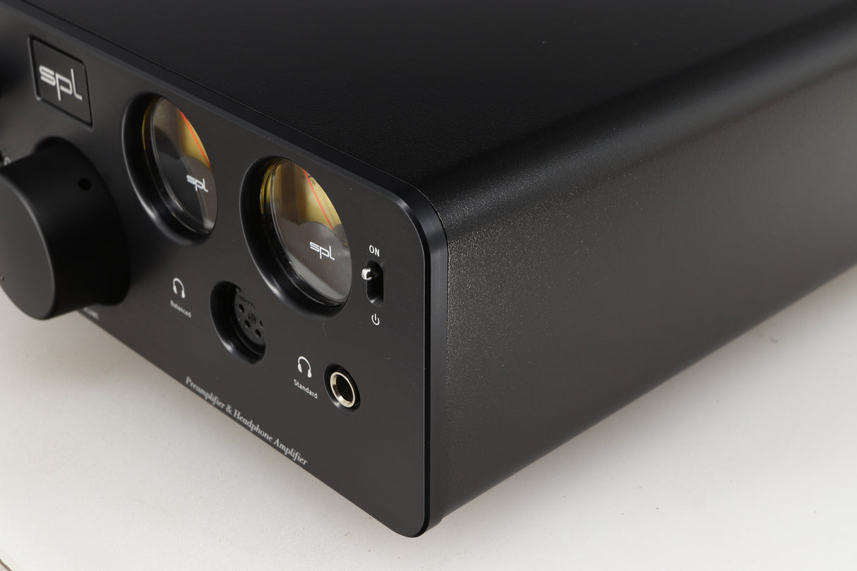 Front right corner of a used SPL Phonitor X Headphone Amplifier & Pre Amplifier W/ DAC in a black finish
