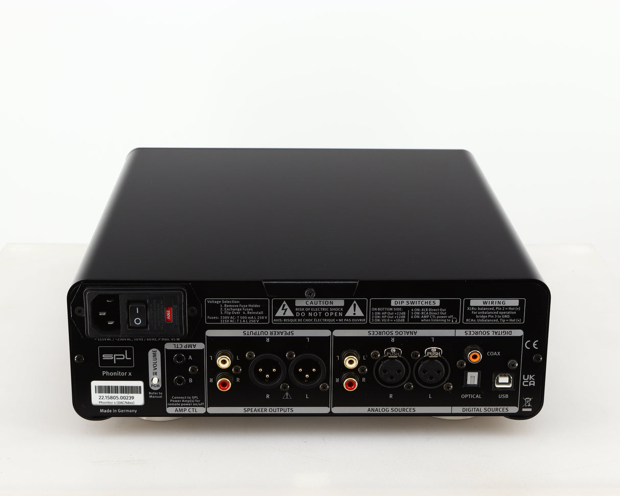 Rear view of a used SPL Phonitor X Headphone Amplifier & Pre Amplifier W/ DAC in a black finish showing Mains Input, Optical Input, Speaker Outputs and USB Input