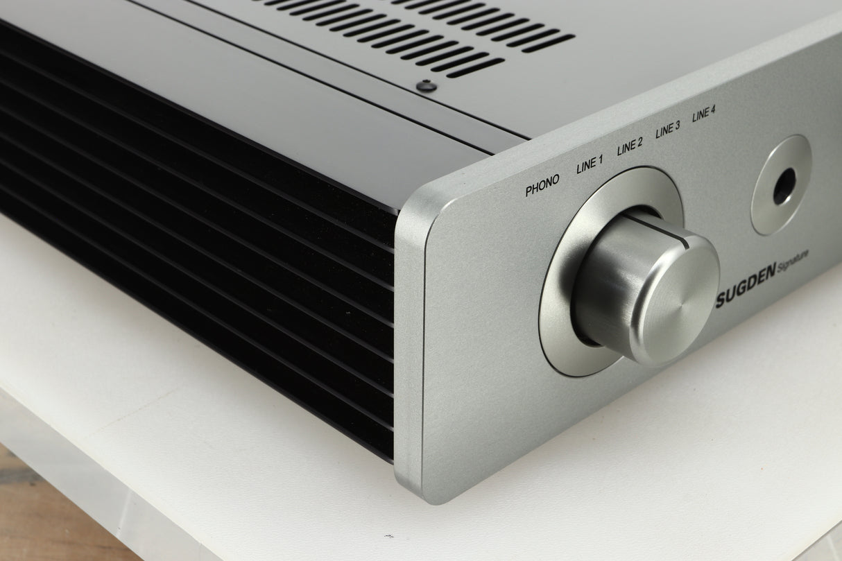Front left corner view of a used Sugden A21 I-S Integrated Amplifier in Titanium finish