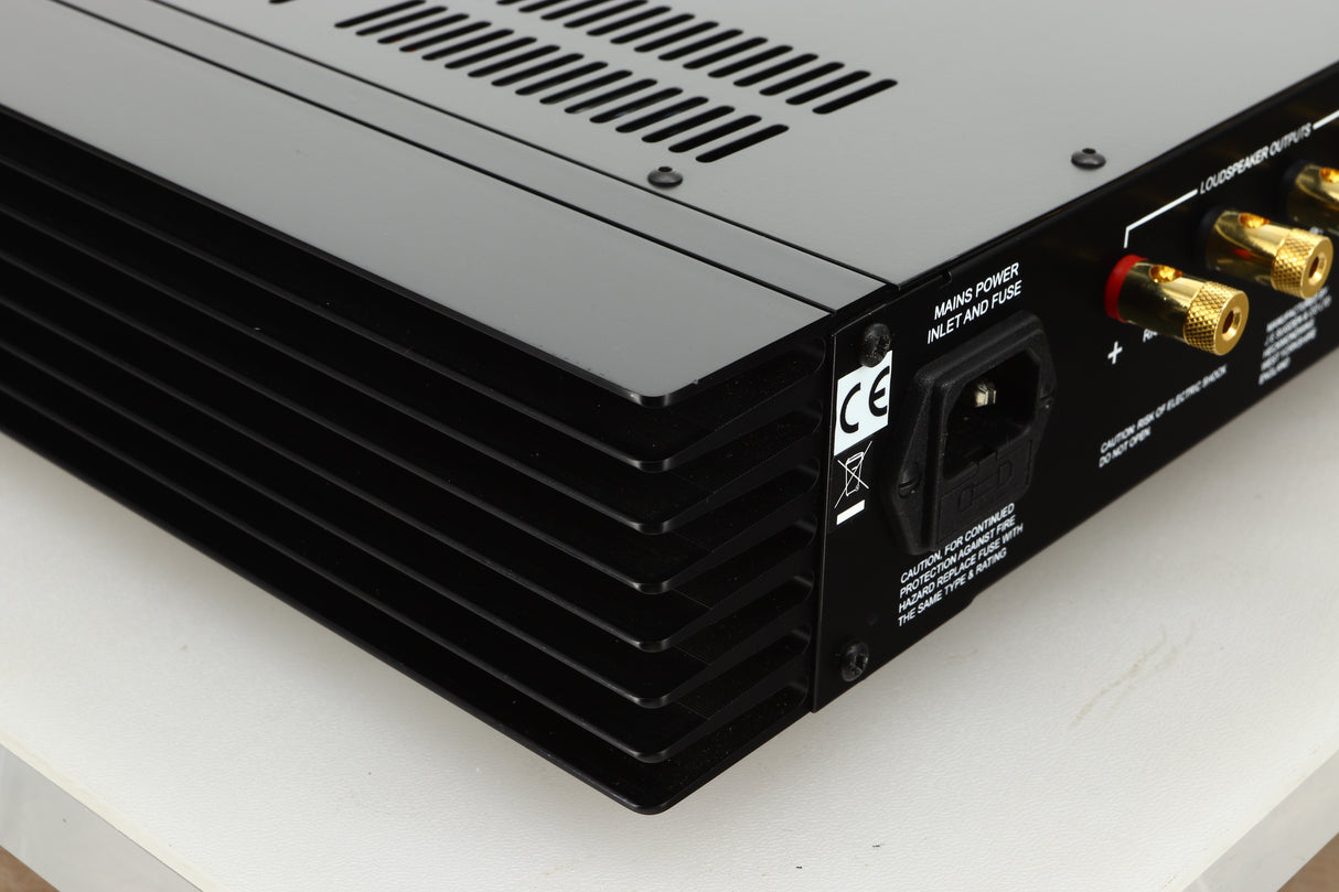 Rear left corner view of a used Sugden A21 I-S Integrated Amplifier in Titanium finish