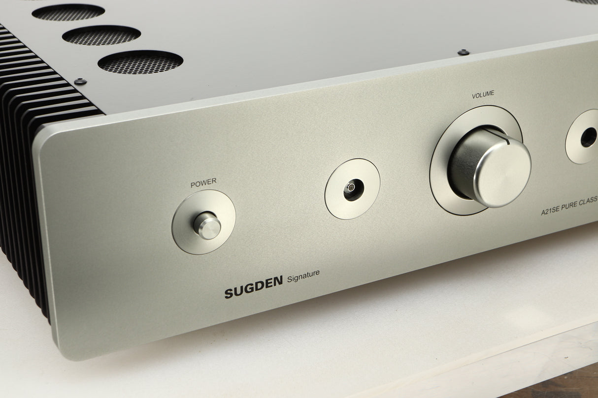 Close up view of a used Sugden A21 SE Signature Integrated Amplifier in Titanium finish