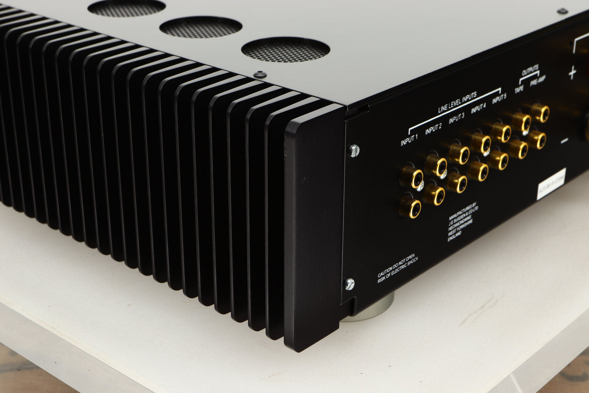Rear left corner view of a used Sugden A21 SE Signature Integrated Amplifier in Titanium finish