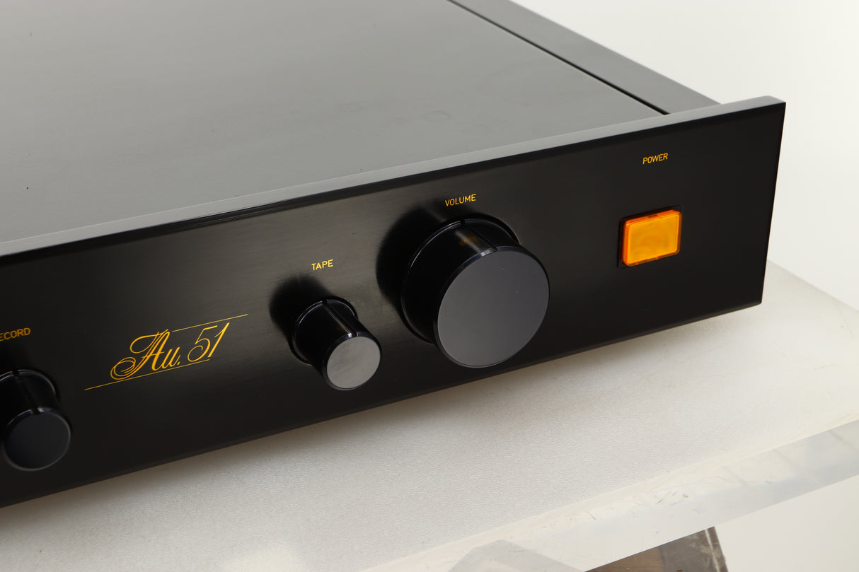 Close up view of a used Sugden AU-51 Pre Amplifier in Black finish