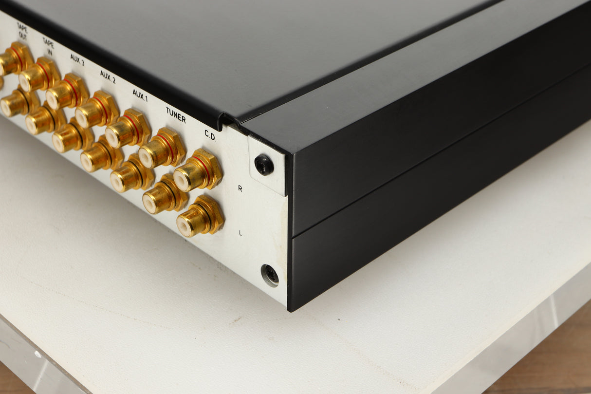 Rear right corner view of a used Sugden AU-51 Pre Amplifier in Black finish
