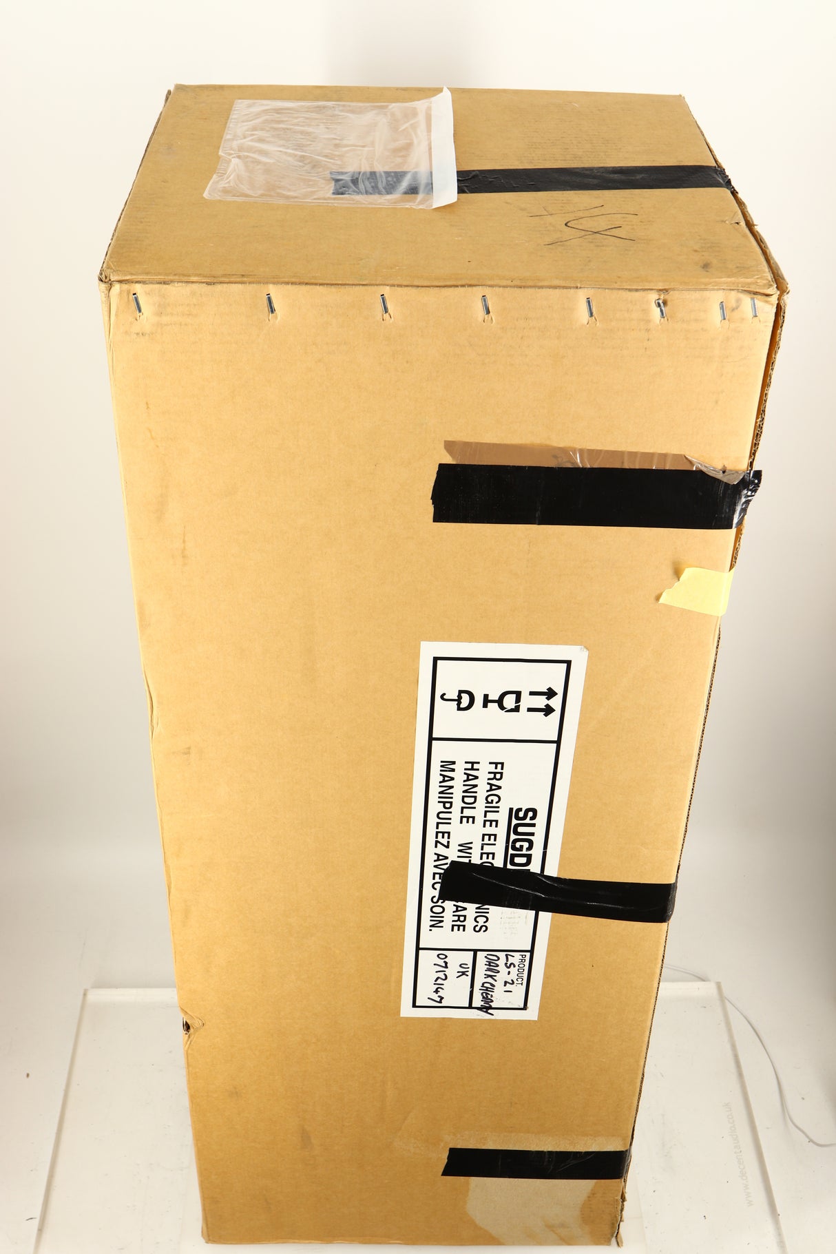 Box for a used Sugden LS-21 Floorstanding Speaker in a dark cherry finish