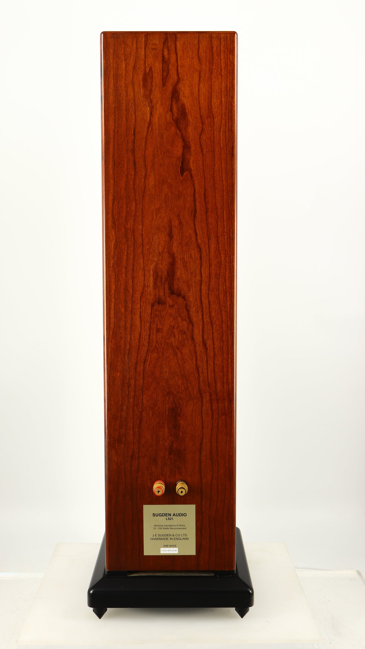 Rear view of a used Sugden LS-21 Floorstanding Speaker in a dark cherry finish