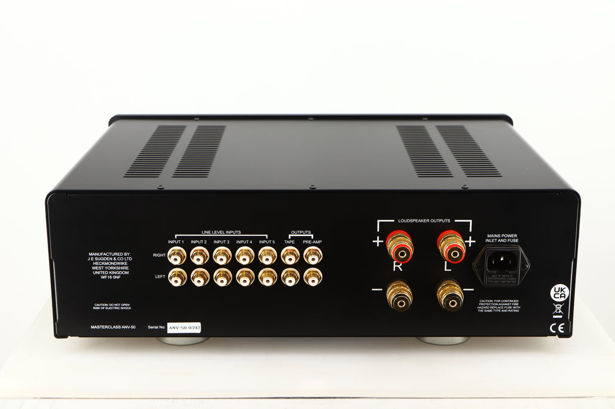 Rear view of a used Sugden Masterclass ANV-50 Integrated Amplifier in a graphite finish showing Loudspeaker Outputs, Phono Inputs, Phono Outputs and Mains Input