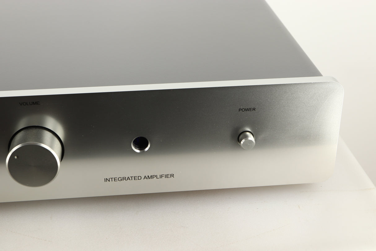 Close up view of a used Sugden Mystro Integrated Amplifier in Titanium finish