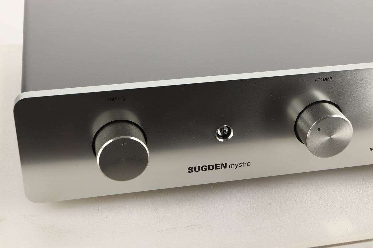 Close up view of a used Sugden Mystro Integrated Amplifier in Titanium finish