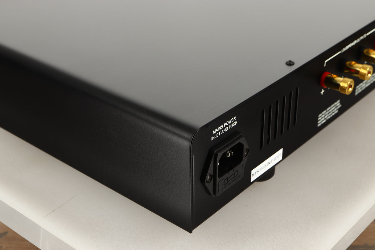 Rear left corner view of a used Sugden Mystro Integrated Amplifier in Titanium finish