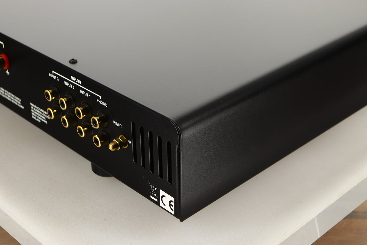 Rear right corner view of a used Sugden Mystro Integrated Amplifier in Titanium finish