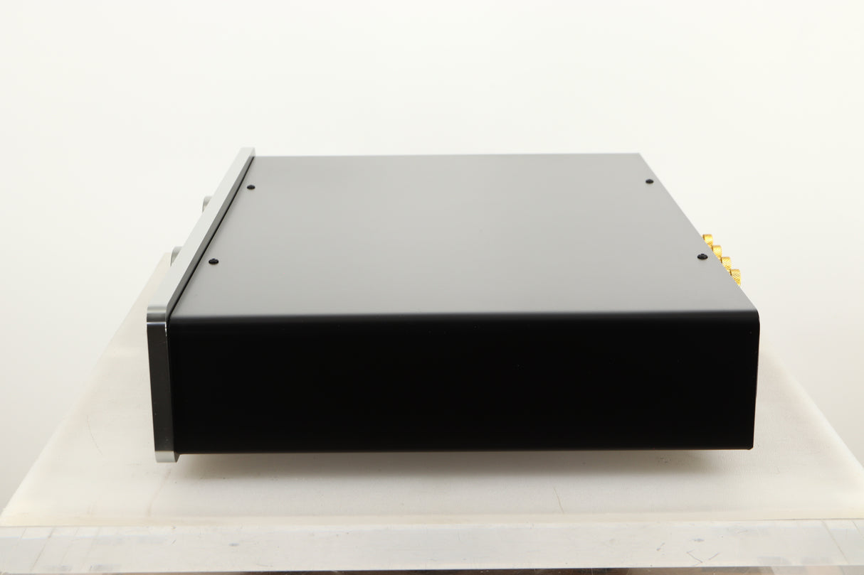Side view of a used Sugden Mystro Integrated Amplifier in Titanium finish