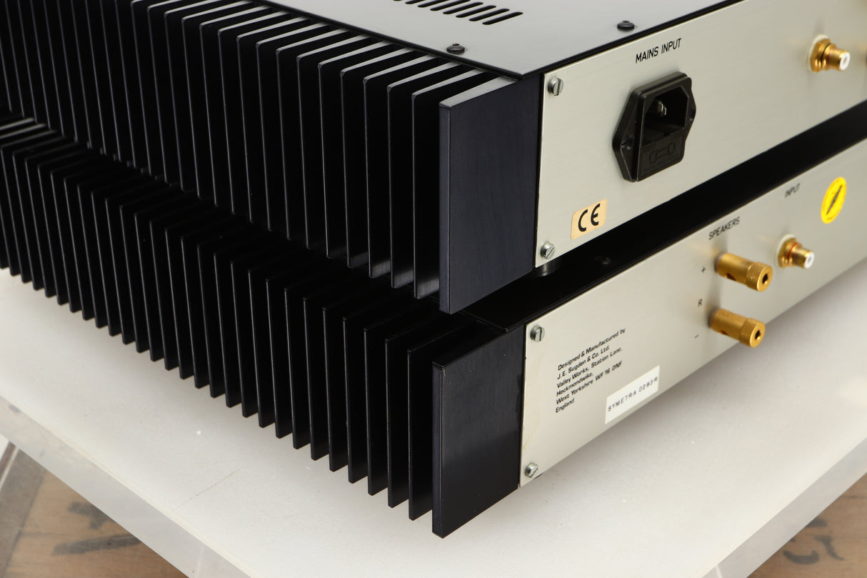 Rear left corner view of a used pair of Sugden Symetra Monoblock Power Amplifiers
