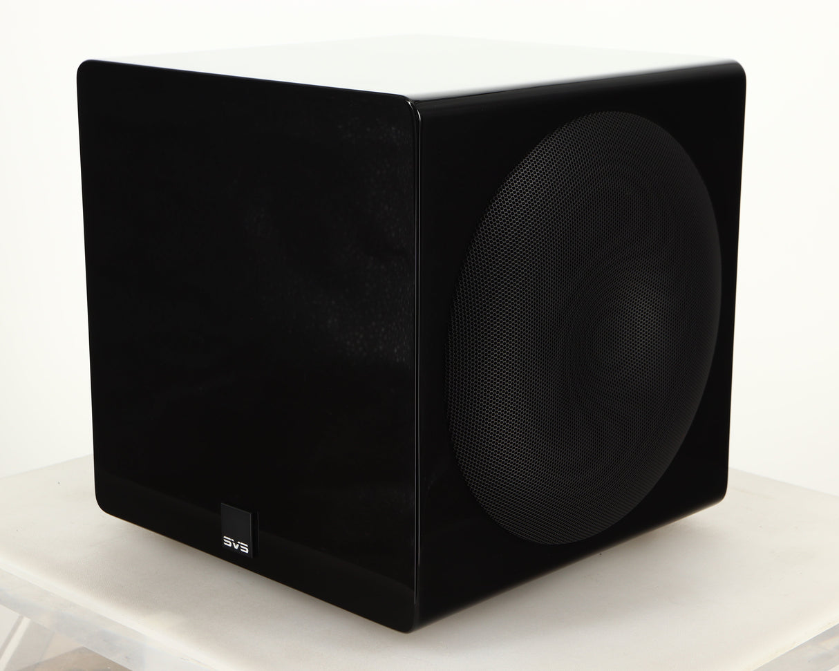 Front right corner of a used SVS-3000 Micro Subwoofer W/ Wireless Kit in a piano black finish