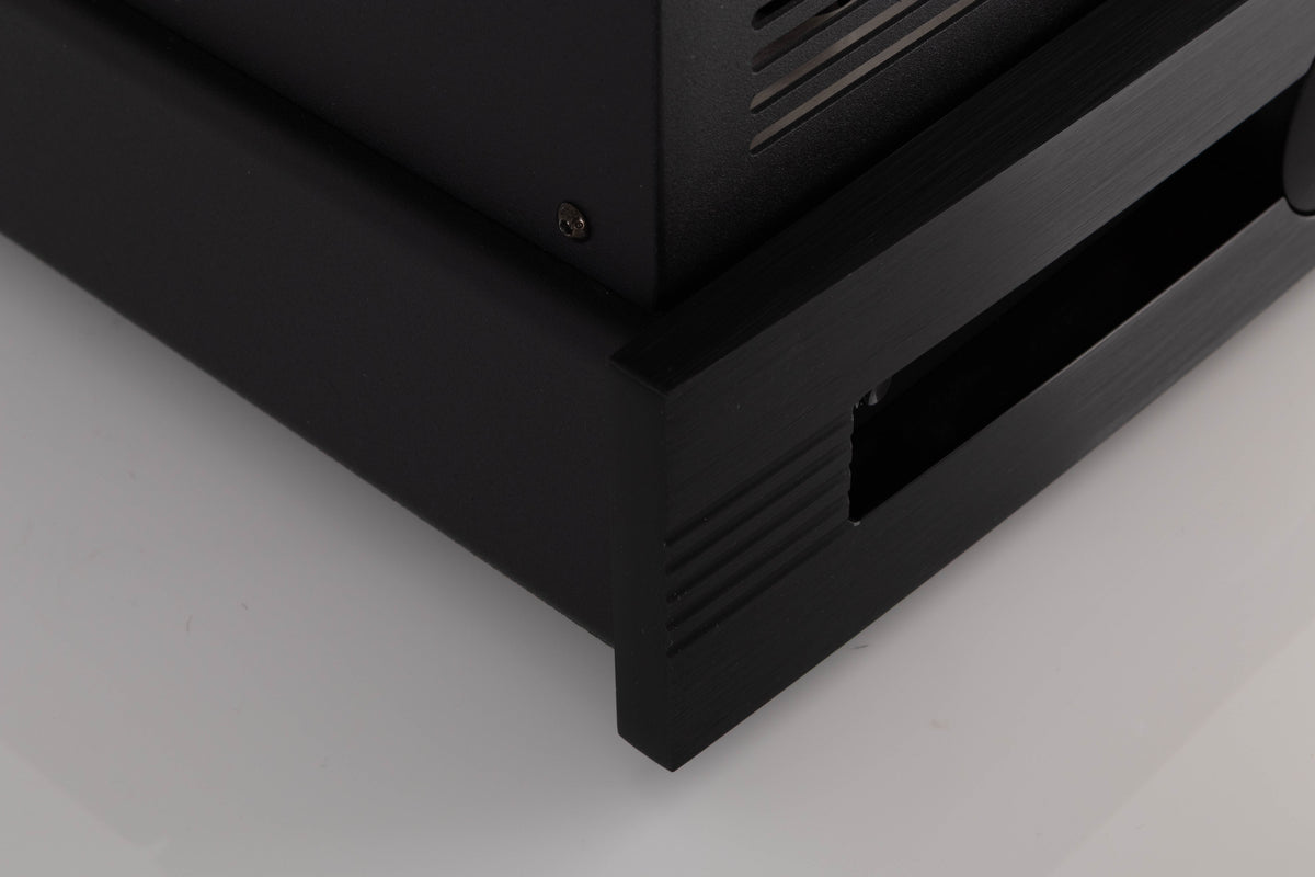 Front left corner of a used Synthesis Roma 753AC Valve Integrated Amplifier in a Black finish