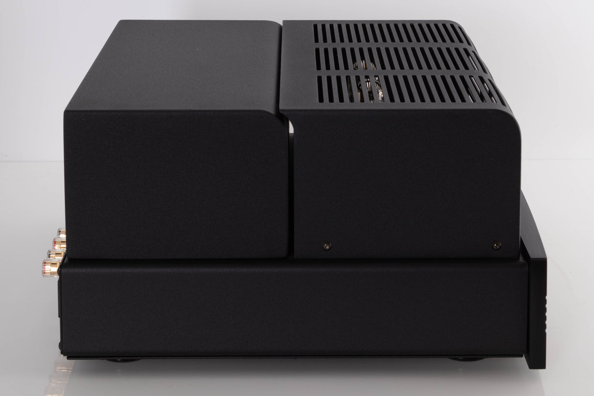 Left side view of a used Synthesis Roma 753AC Valve Integrated Amplifier in a Black finish