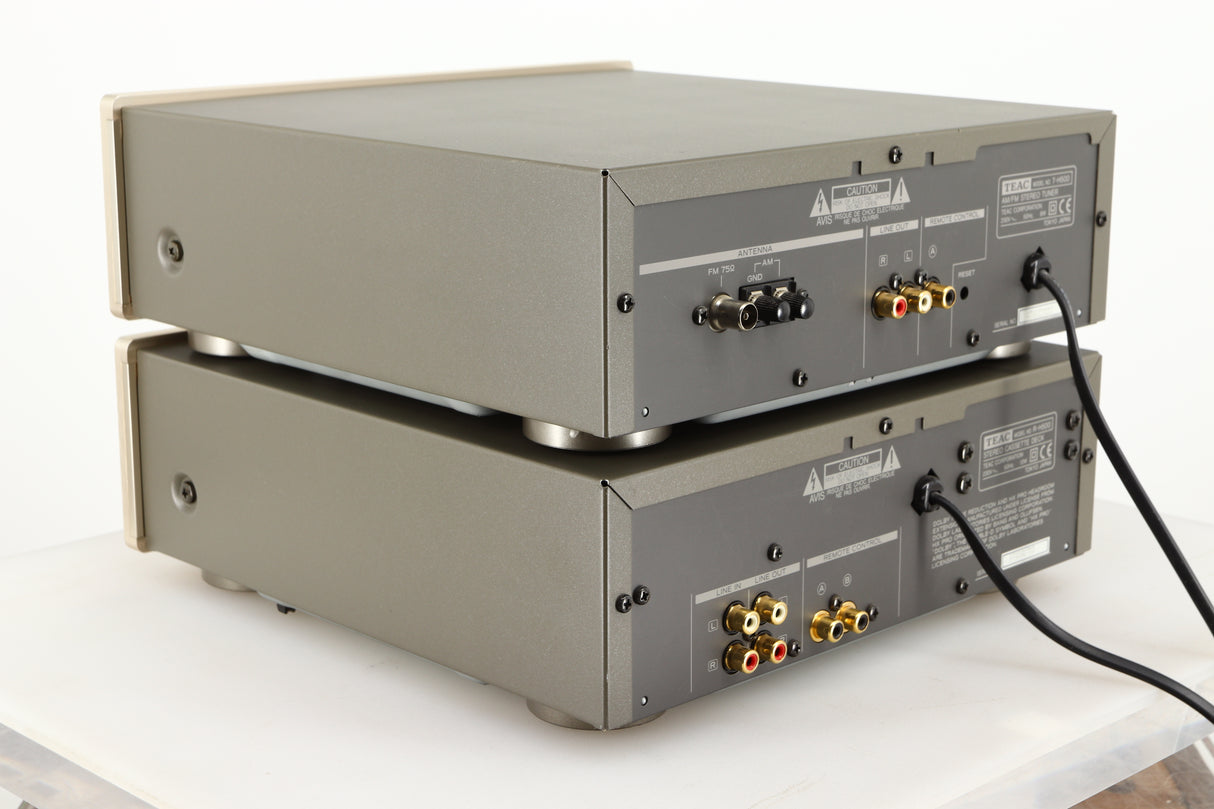 Rear right corner of a used Teac T-H500 AM/FM Tuner / R-H500 Stereo Cassette Deck in a silver finish