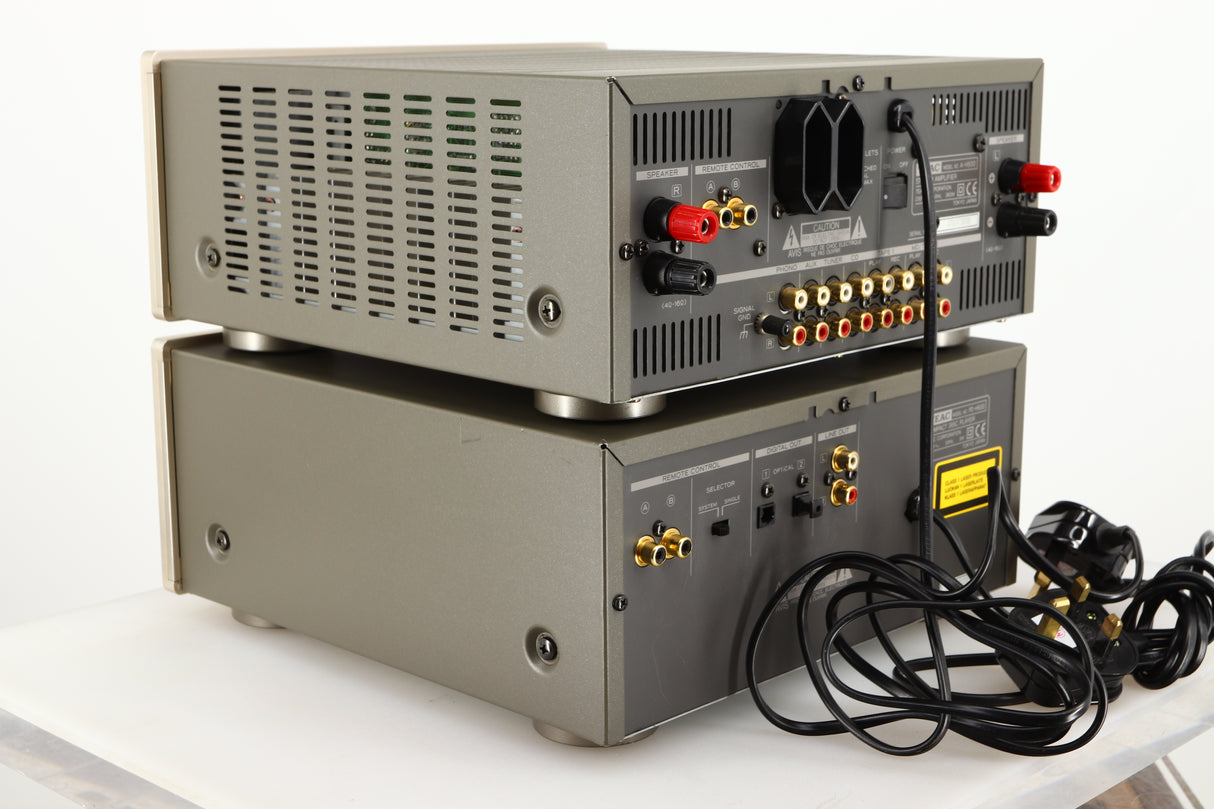 Rear right corner of a used Teac A-H500 Integrated Amplifier / PD-H500 CD Player in a silver finish