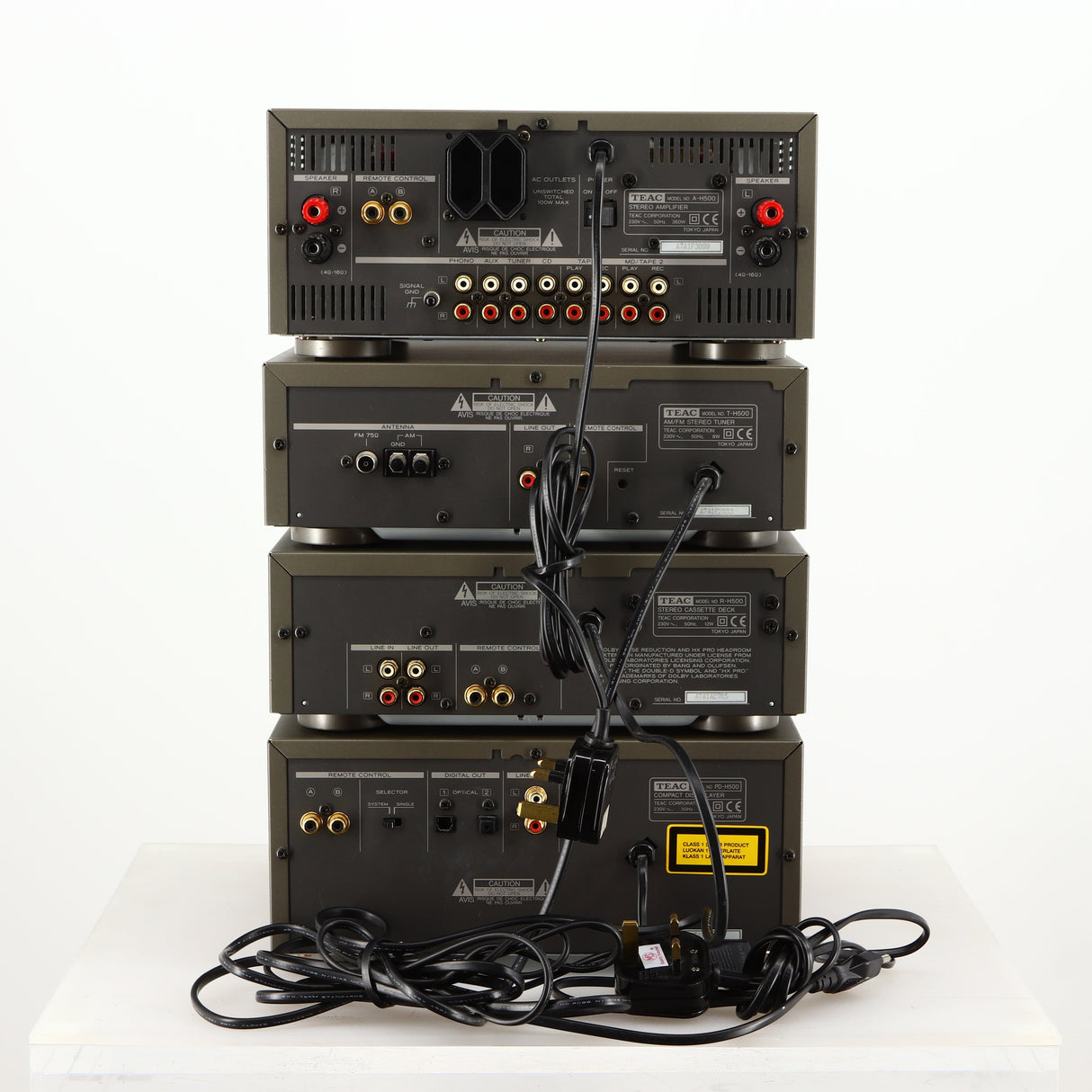 Rear of a used Teac 500 Midi Hifi Stacking System in a silver finish showing Phono Inputs and Outputs, Optical Outputs and Speaker Inputs