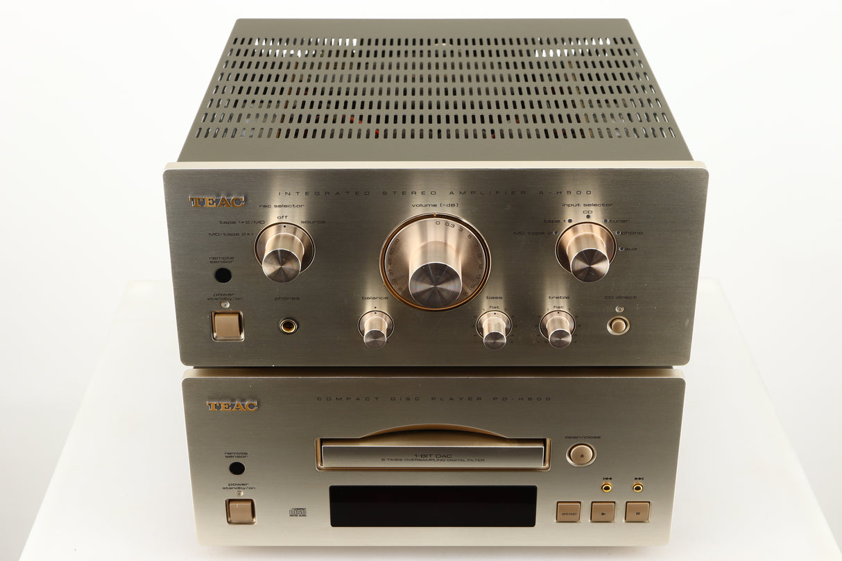 Top of a used Teac A-500 Integrated Amplifier in a silver finish