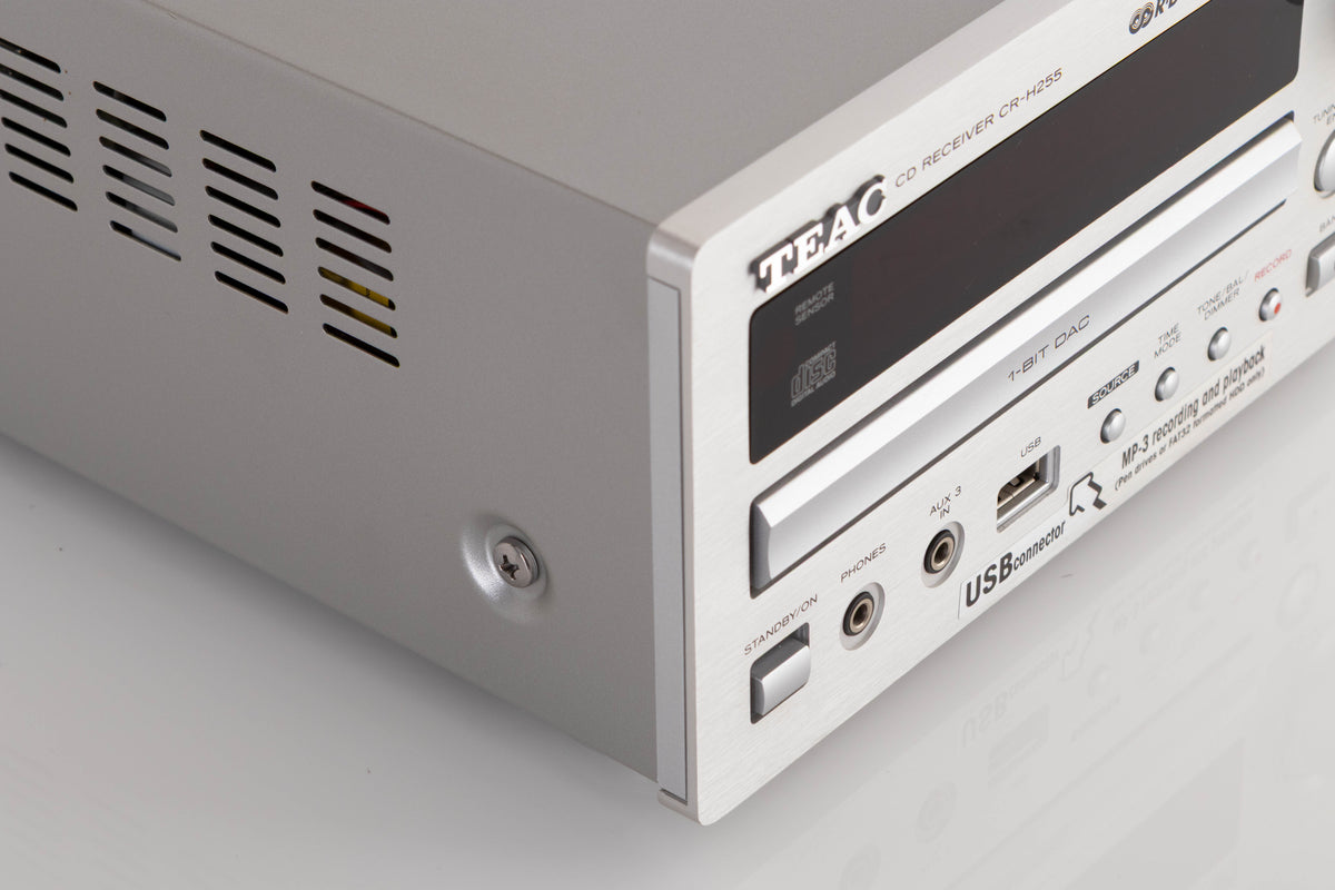 Front left corner view of a used TEAC CR-H255 CD Receiver in Silver